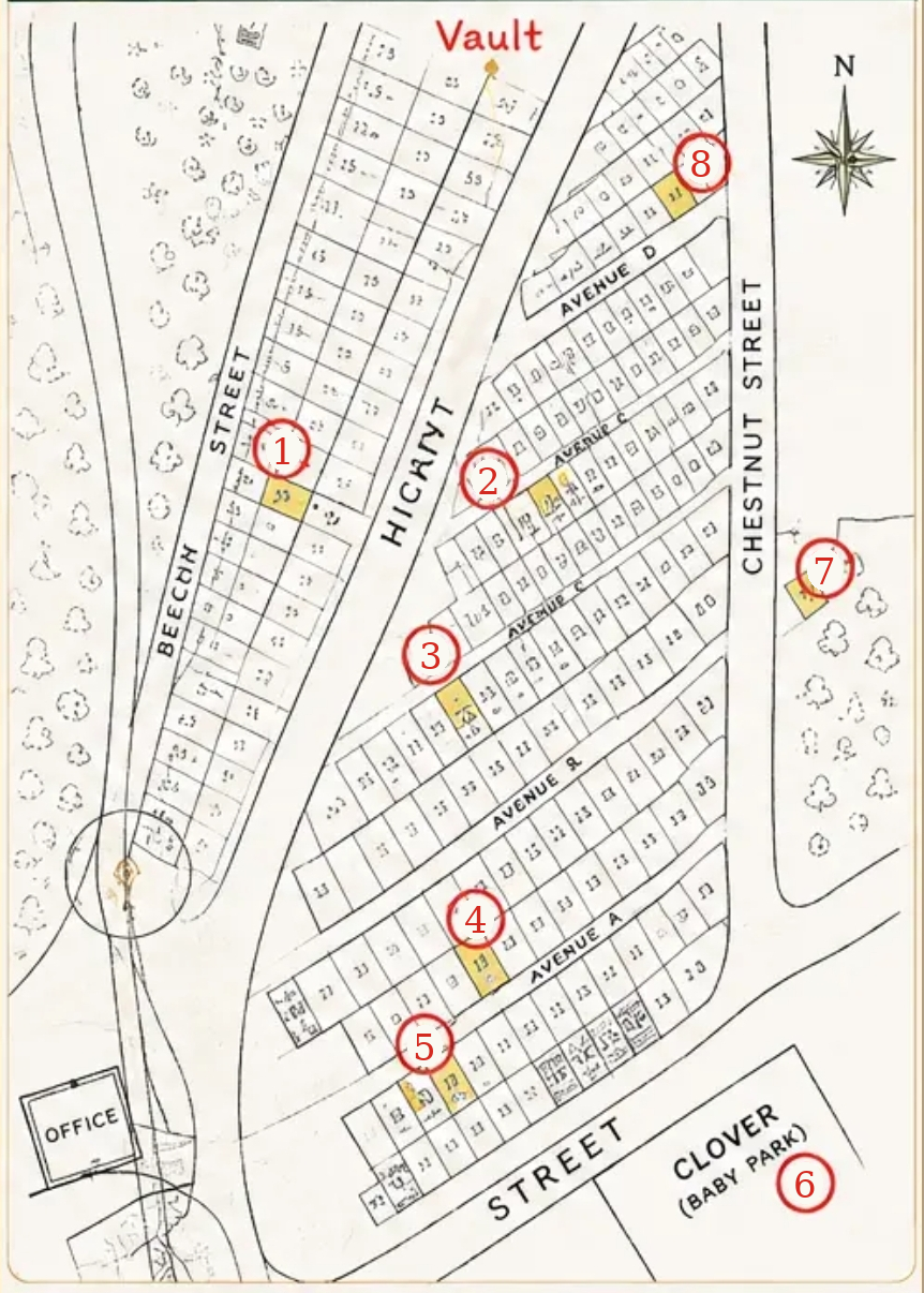 Shady Lane Cemetery map showing the Receiving Vault and the numbered route to all eight tour stops